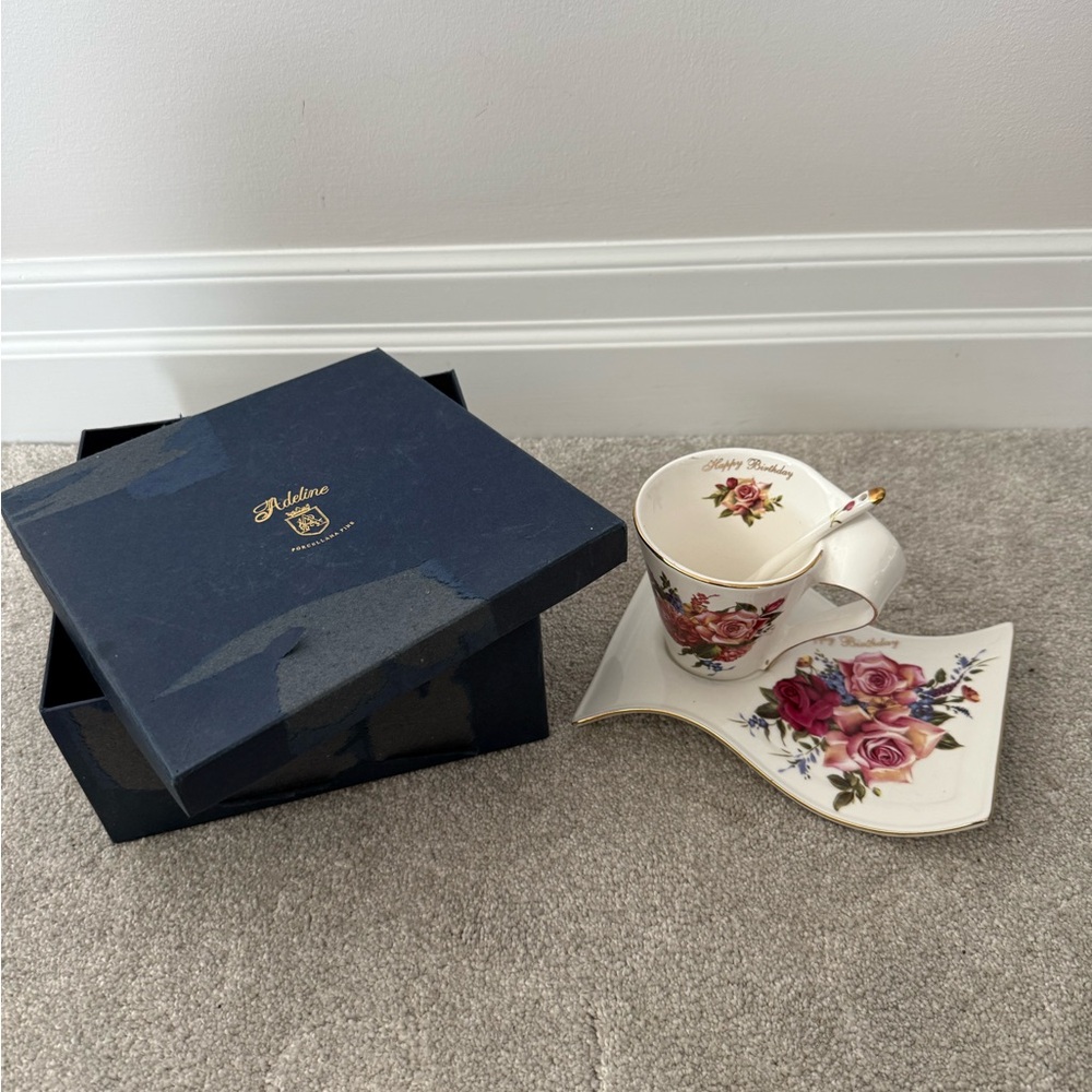 Porcelain saucer cup and spoon happy birthday set